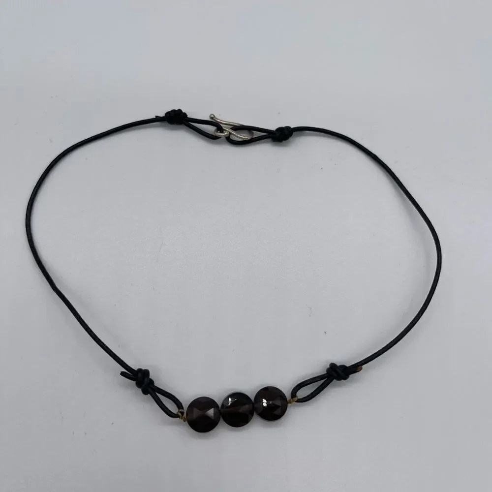 Leather and Onyx Stone with Sterling Silver S Clasp Choker Necklace